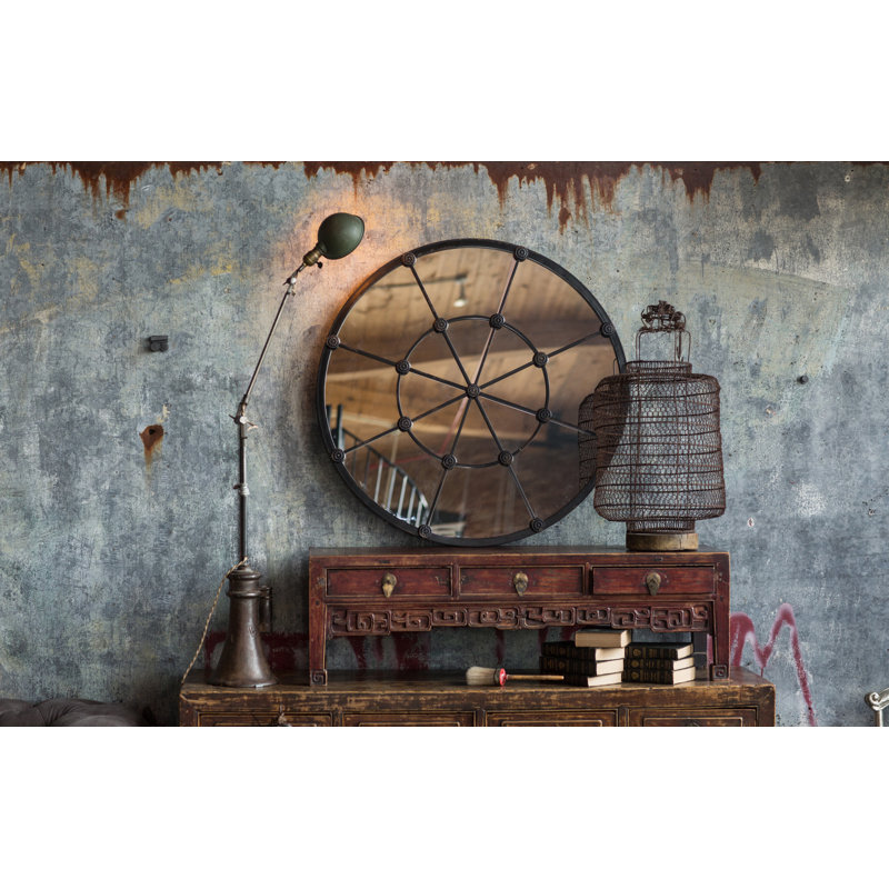 Gracie Oaks Sachiko Distressed Round Cast Iron Accent Mirror & Reviews